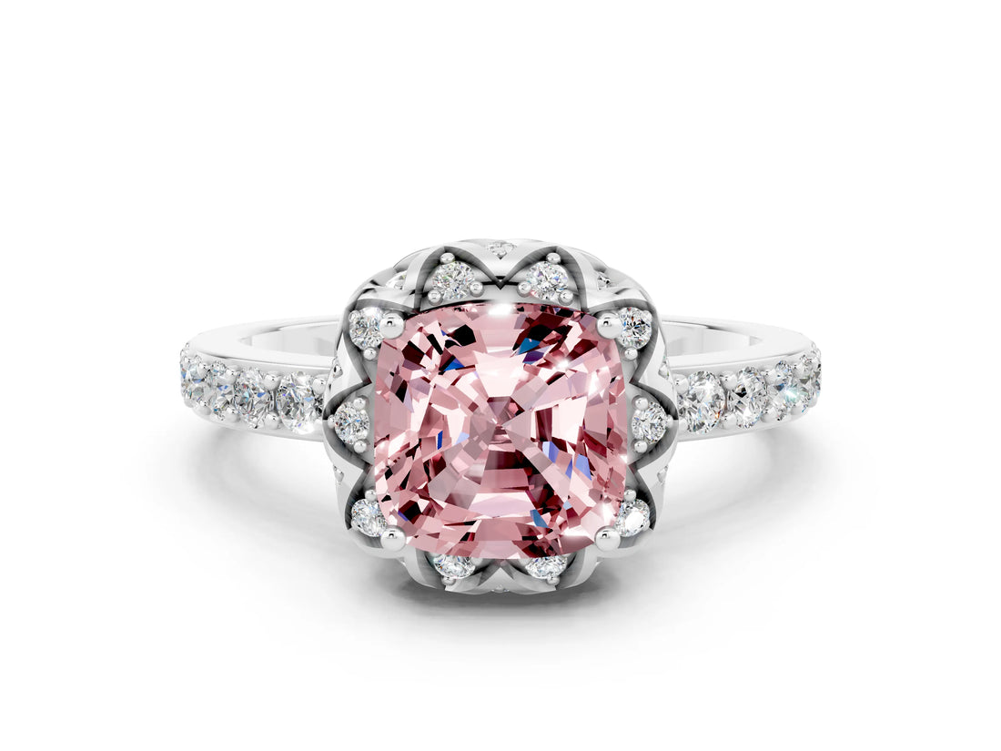 White gold Cushion Cut Diamond Solitaire Ring with Shared Prong Pavé Band