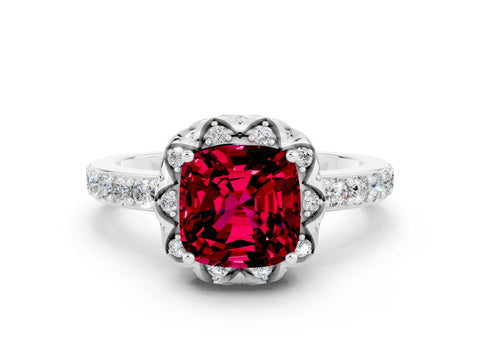 White gold Cushion Cut Diamond Solitaire Ring with Shared Prong Pavé Band