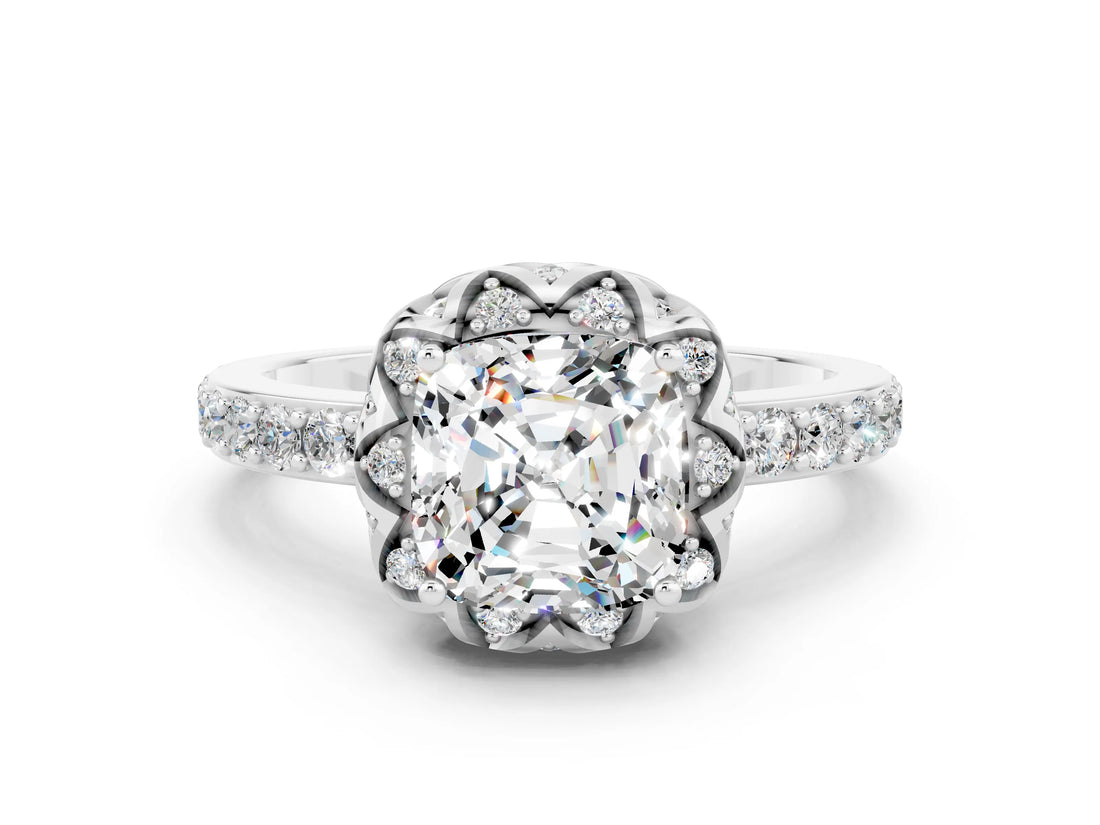 White gold Cushion Cut Diamond Solitaire Ring with Shared Prong Pavé Band