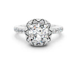 White gold Cushion Cut Diamond Solitaire Ring with Shared Prong Pavé Band