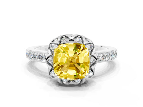 White gold Cushion Cut Diamond Solitaire Ring with Shared Prong Pavé Band