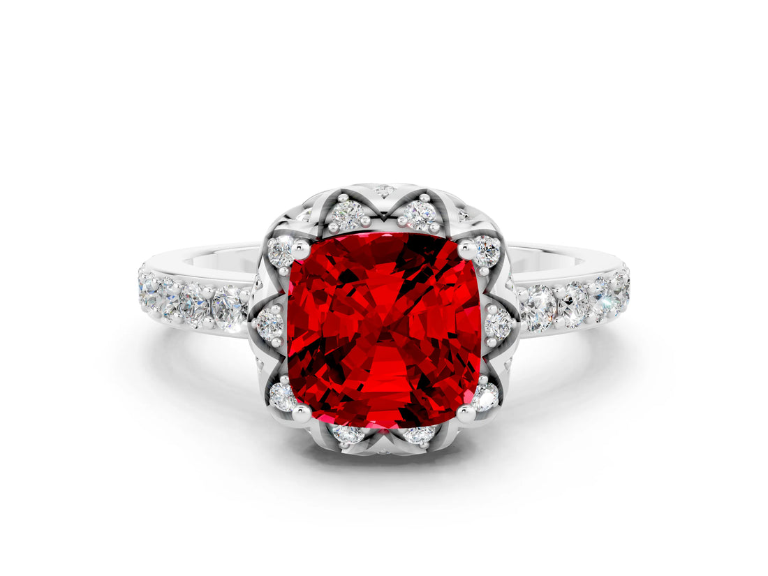 White gold Cushion Cut Diamond Solitaire Ring with Shared Prong Pavé Band