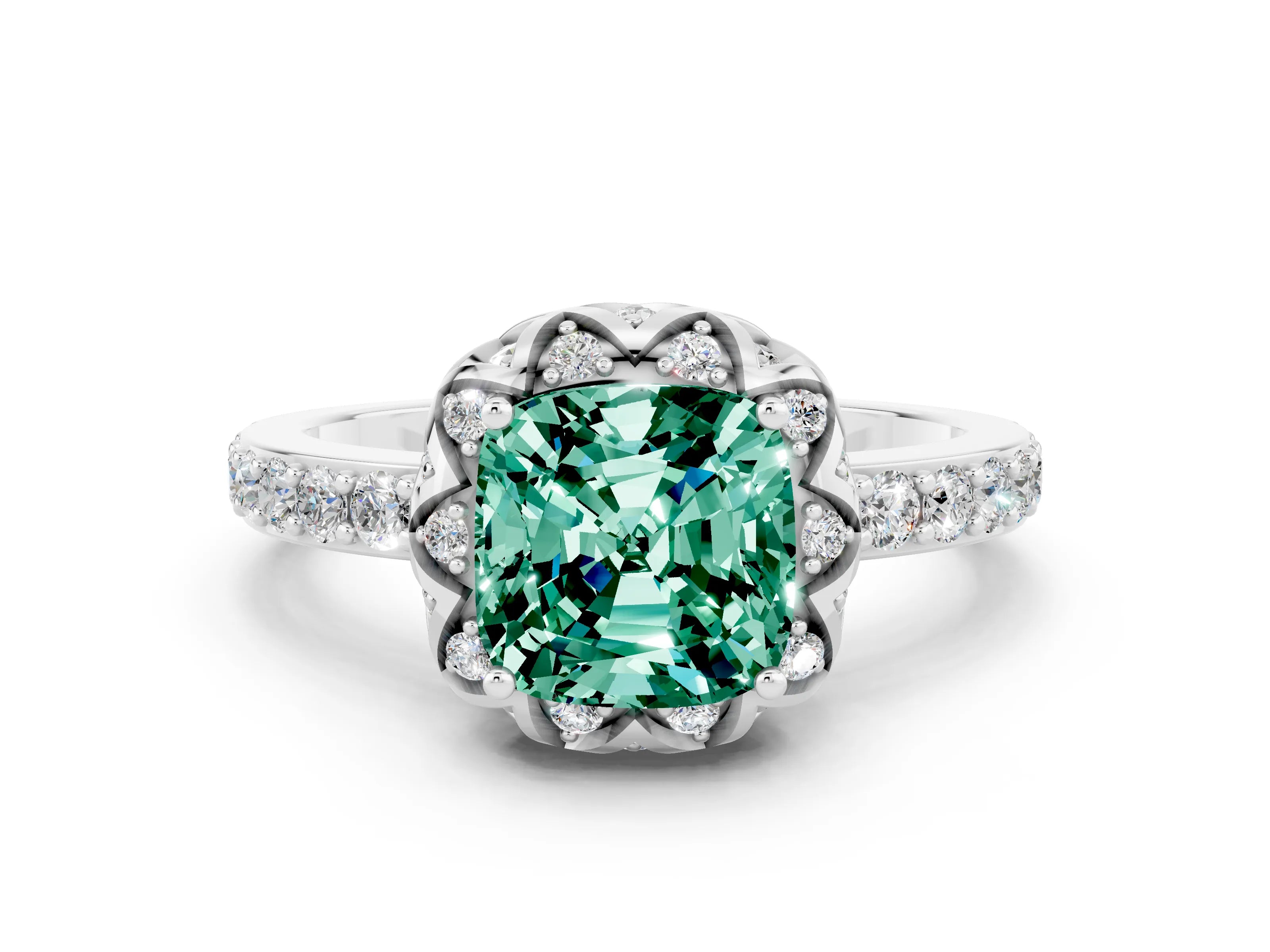 White gold Cushion Cut Diamond Solitaire Ring with Shared Prong Pavé Band
