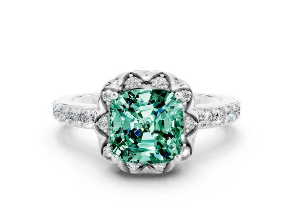 Platinum Cushion Cut Green Sapphire Scalloped Halo Engagement Ring with Round Shared Prong Band