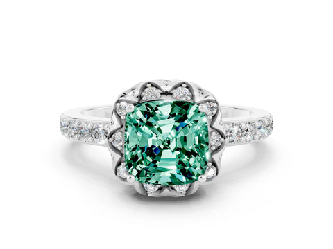 White gold Cushion Cut Diamond Solitaire Ring with Shared Prong Pavé Band