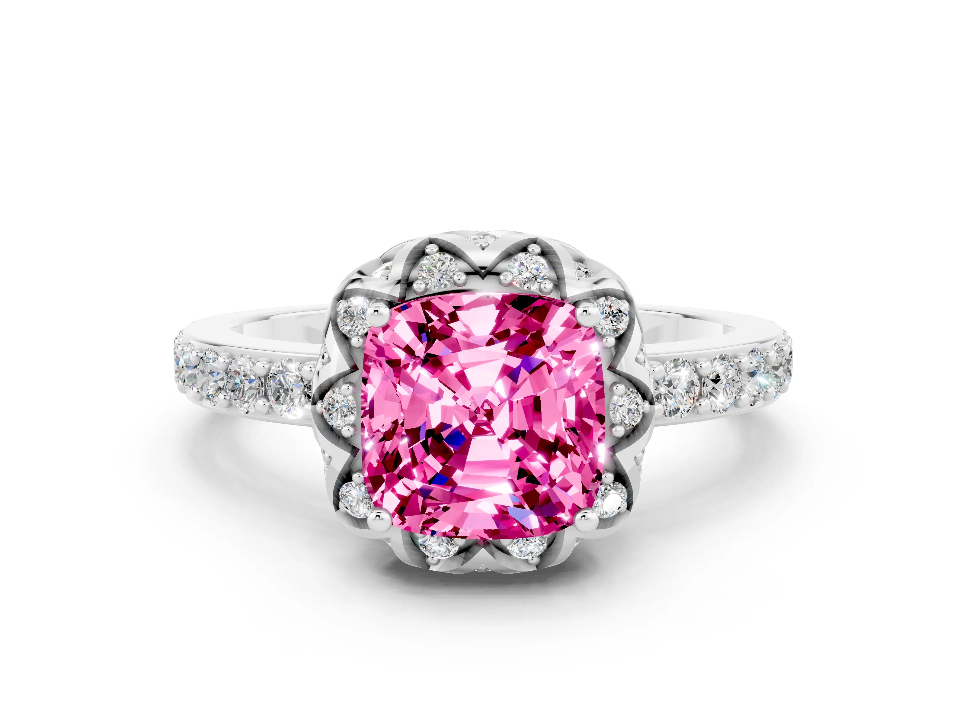 White gold Cushion Cut Diamond Solitaire Ring with Shared Prong Pavé Band