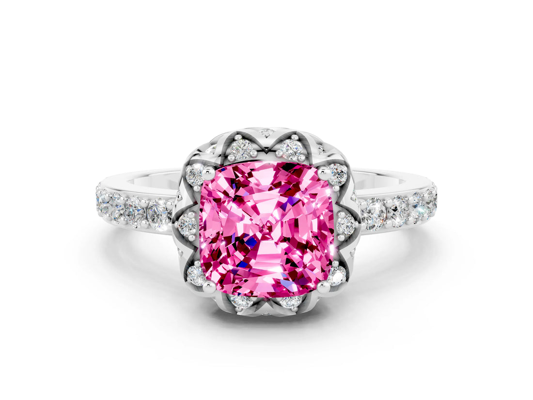 White gold Cushion Cut Diamond Solitaire Ring with Shared Prong Pavé Band