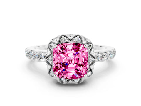 White gold Cushion Cut Diamond Solitaire Ring with Shared Prong Pavé Band