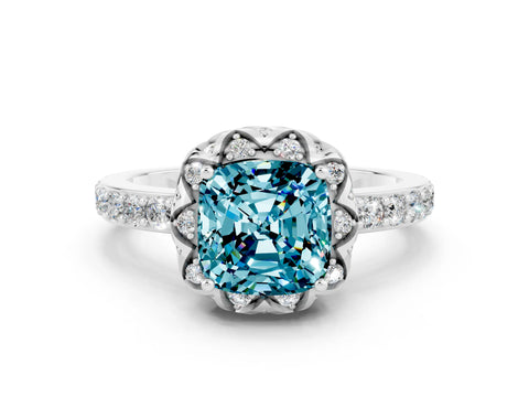 White gold Cushion Cut Diamond Solitaire Ring with Shared Prong Pavé Band