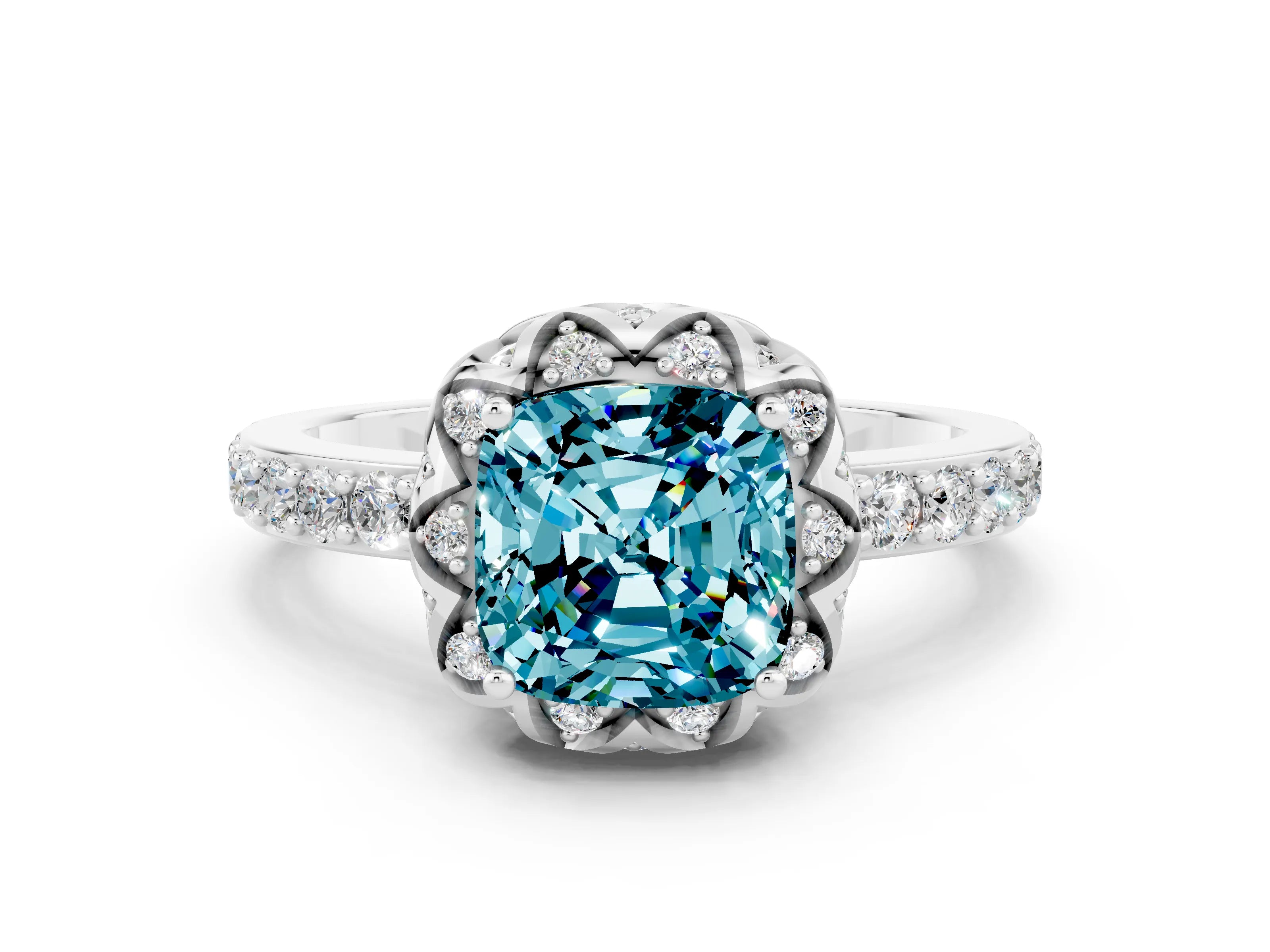 White gold Cushion Cut Diamond Solitaire Ring with Shared Prong Pavé Band