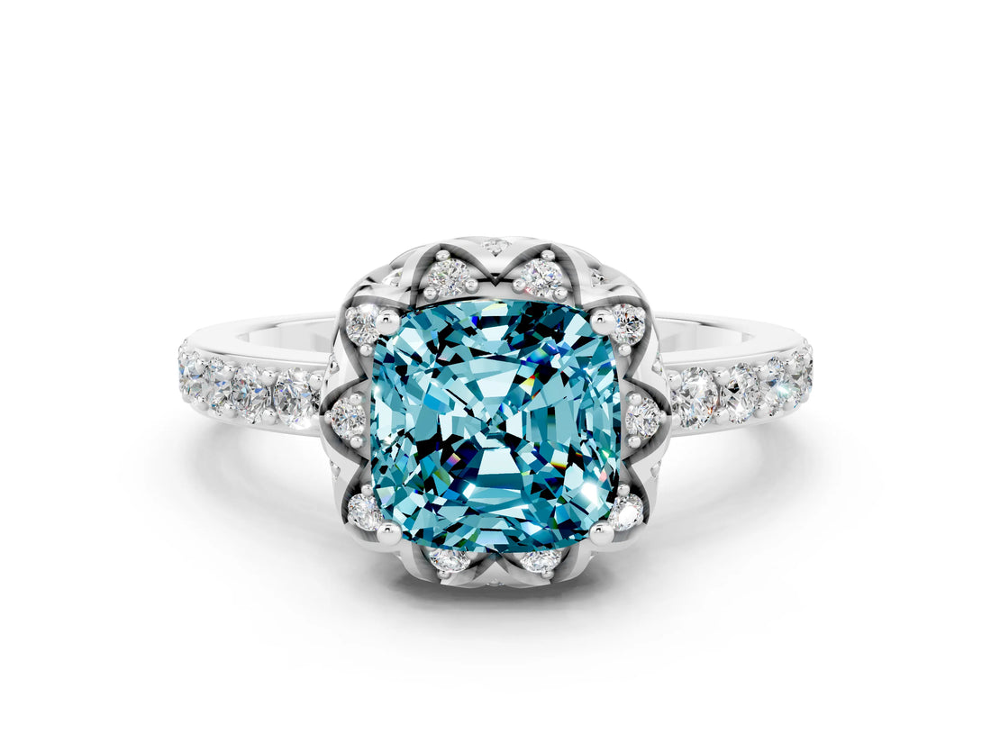 White gold Cushion Cut Diamond Solitaire Ring with Shared Prong Pavé Band
