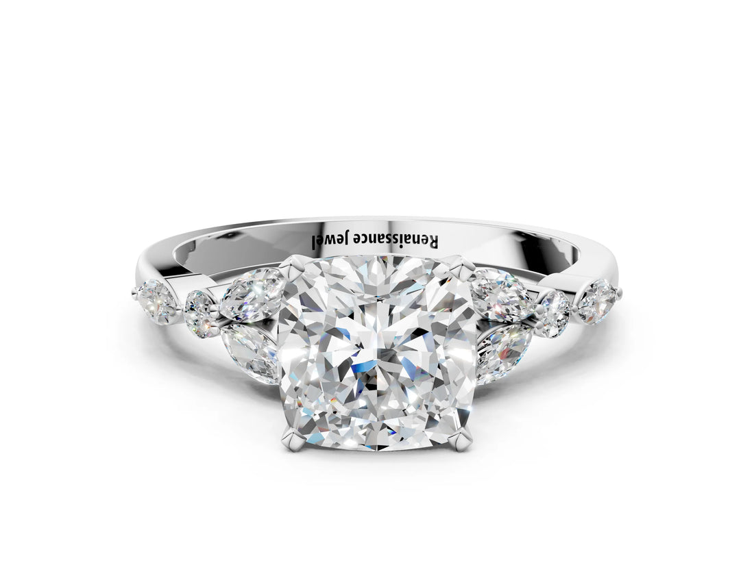 White gold Cushion Cut Diamond Solitaire Ring with Side Stones and Four-Prong Setting_62
