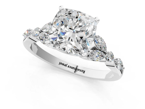 White gold Cushion Cut Diamond Solitaire Ring with Side Stones and Four-Prong Setting