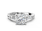 White gold Cushion Cut Diamond Solitaire Ring with Tapered Baguette Accents and Four-Prong Setting_72