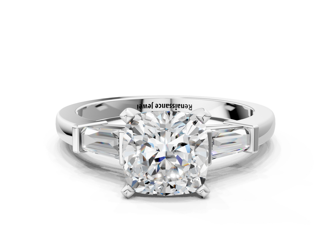 White gold Cushion Cut Diamond Solitaire Ring with Tapered Baguette Accents and Four-Prong Setting_76