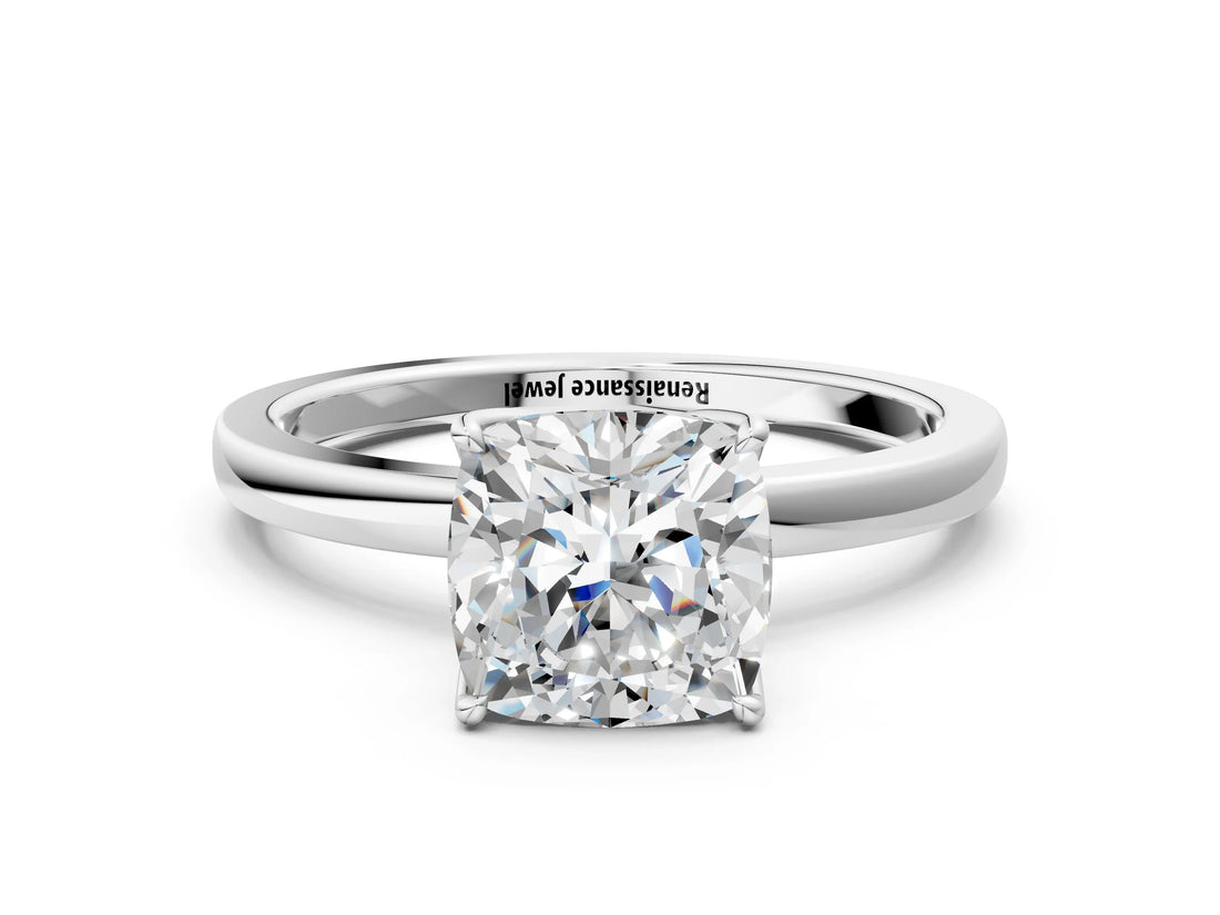 White gold Cushion Cut Diamond Solitaire Ring with Thin Band and Prong Setting_12