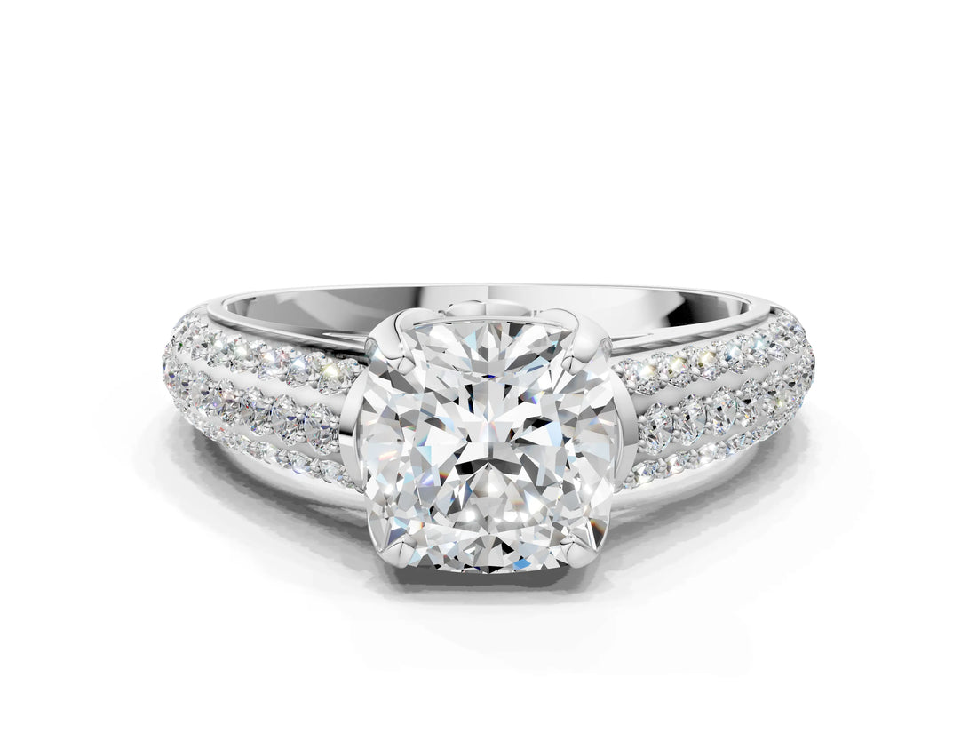 White gold Cushion Cut Diamond Solitaire Ring with Three-Row Pavé Band and Four-Prong Setting_45