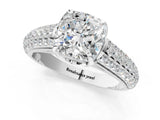 White gold Cushion Cut Diamond Solitaire Ring with Three-Row Pavé Band and Four-Prong Setting_46