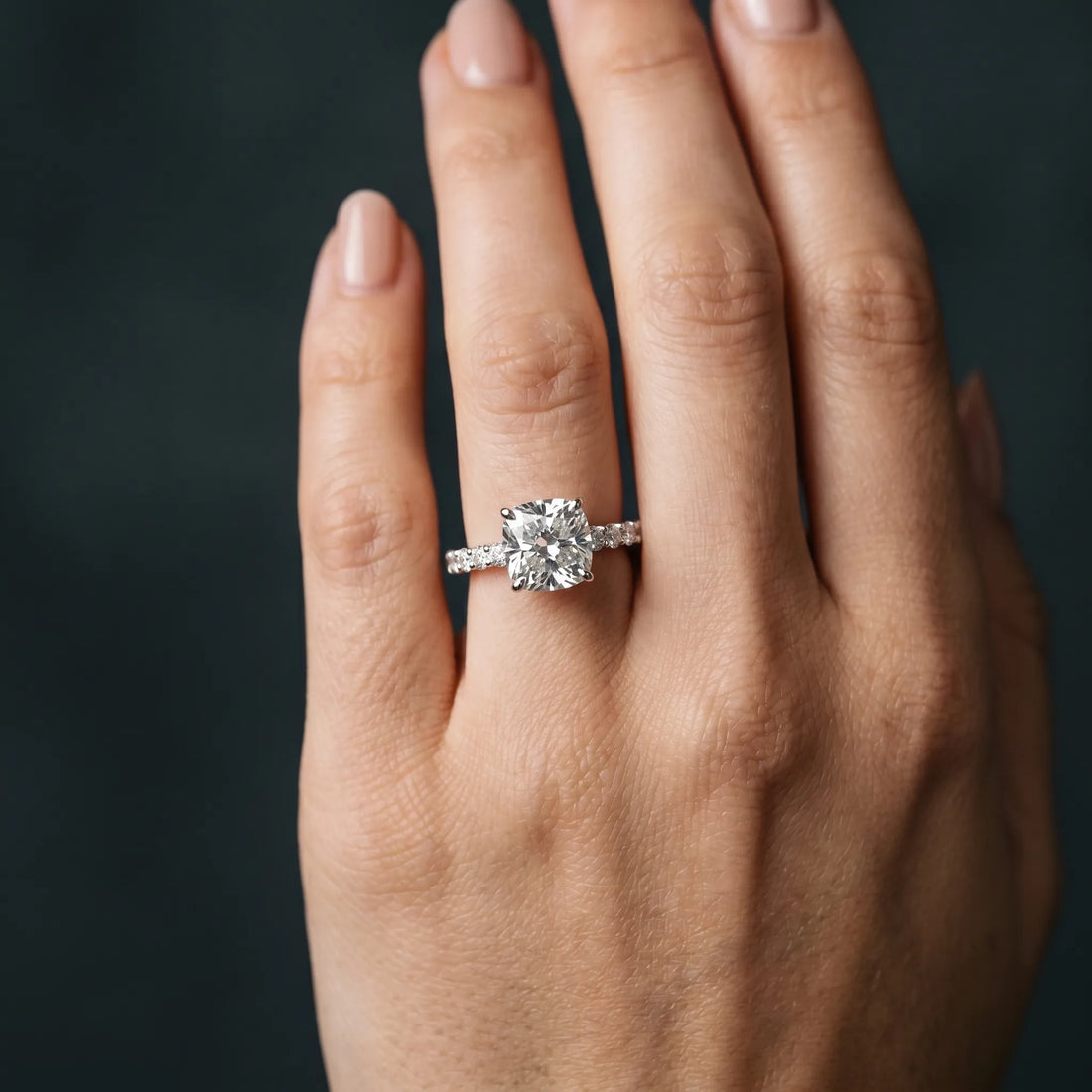 White gold Cushion Cut Diamond Solitaire Ring with U-Prong Diamond Band and Four Prong Setting_34