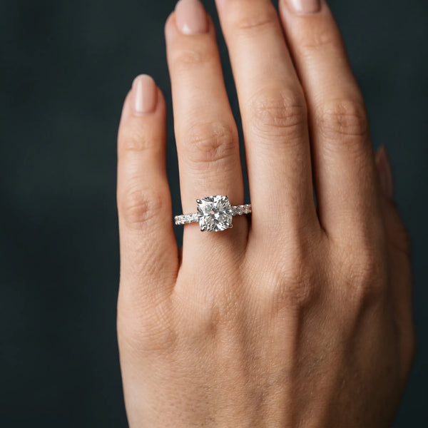 White gold Cushion Cut Diamond Solitaire Ring with U-Prong Diamond Band and Four Prong Setting