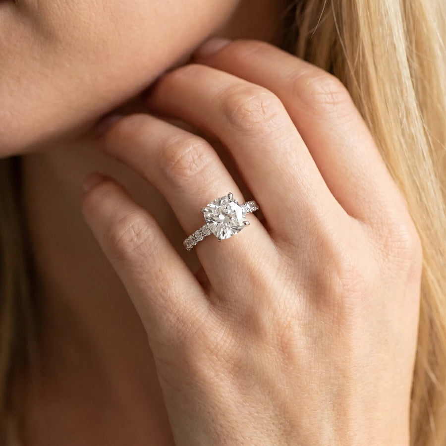 White gold Cushion Cut Diamond Solitaire Ring with U-Prong Diamond Band and Four Prong Setting
