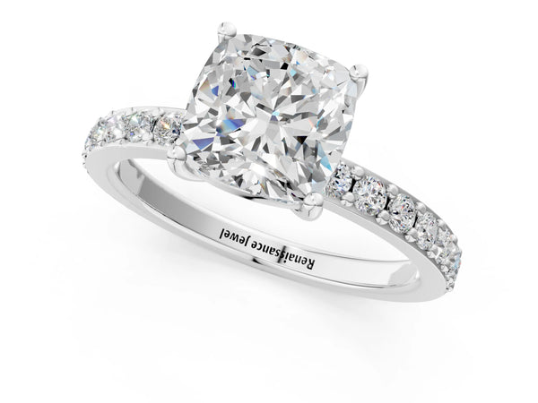 White gold Cushion Cut Diamond Solitaire with Pave Band and Four-Prong Setting