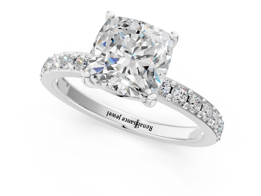 White gold Cushion Cut Diamond Solitaire with Pave Band and Four-Prong Setting