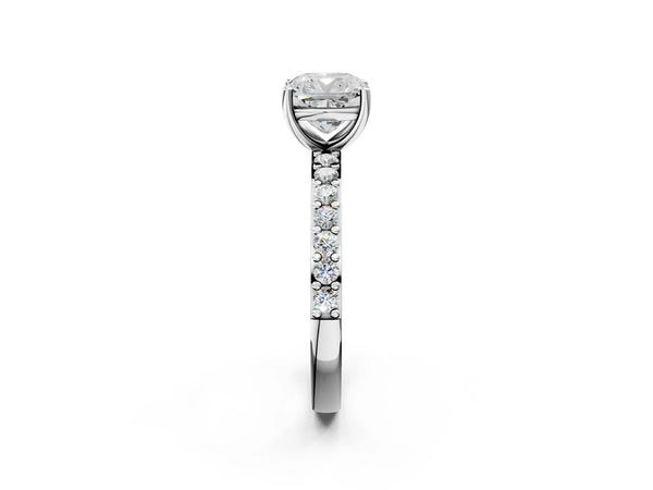 White gold Cushion Cut Diamond Solitaire with Pave Band and Four-Prong Setting