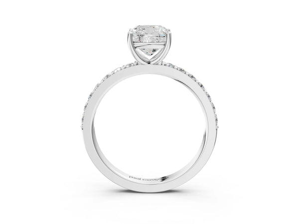 White gold Cushion Cut Diamond Solitaire with Pave Band and Four-Prong Setting