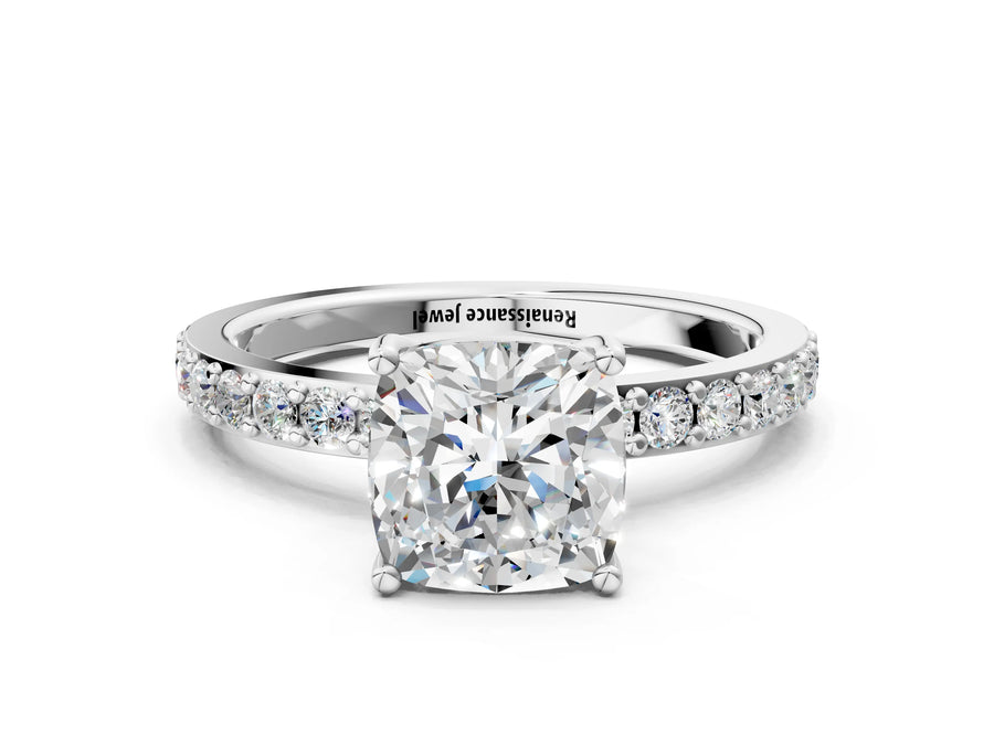 White gold Cushion Cut Diamond Solitaire with Pave Band and Four-Prong Setting