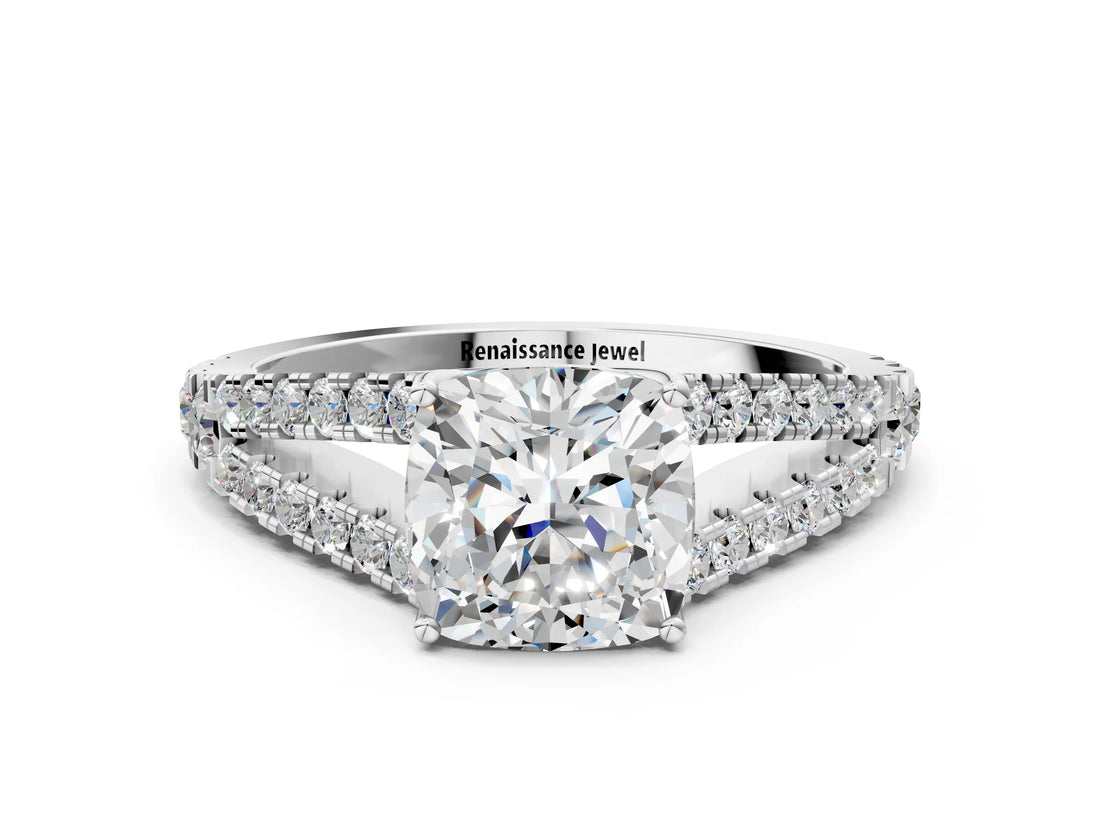 White gold Cushion Cut Diamond Split Shank Pavé Engagement Ring with Four-Prong Setting_77