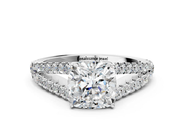 White Gold Cushion Cut Solitaire Engagement Ring Setting with Graduated Pave Split Shank