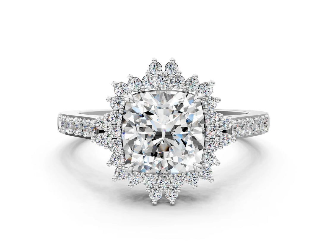 White gold Cushion Cut Diamond Sunburst Halo Engagement Ring with Pavé Band_69