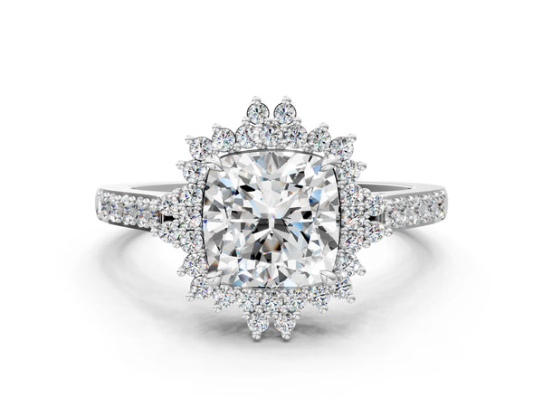 White gold Cushion Cut Diamond Sunburst Halo Engagement Ring with Pavé Band