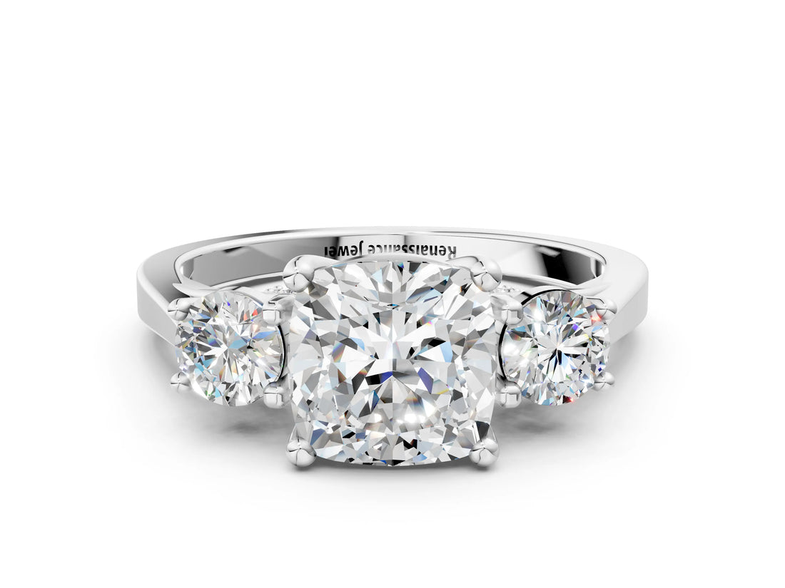 White gold Cushion Cut Diamond Three-Stone Engagement Ring with Prong Setting and Pavé Band_19