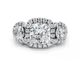 White gold Cushion Cut Diamond Three-Stone Halo Ring with Prong Setting and Pavé Accents_122