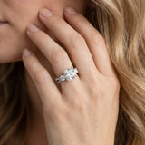 White gold Cushion Cut Diamond Three-Stone Ring with Pavé Split Shank and Four-Prong Setting_94