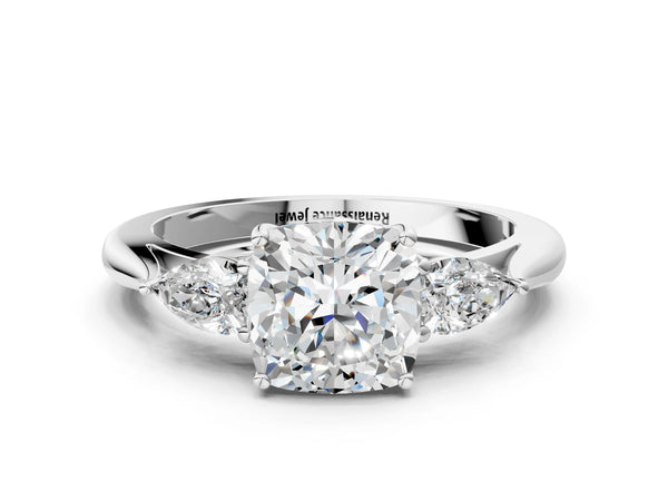 14K White Gold 2.02 Carat E VVS2 Cushion Diamond Three-Stone Ring with Pear  Side Stones and Prong Setting