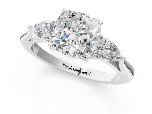 14K White Gold 2.02 Carat E VVS2 Cushion Diamond Three-Stone Ring with Pear  Side Stones and Prong Setting