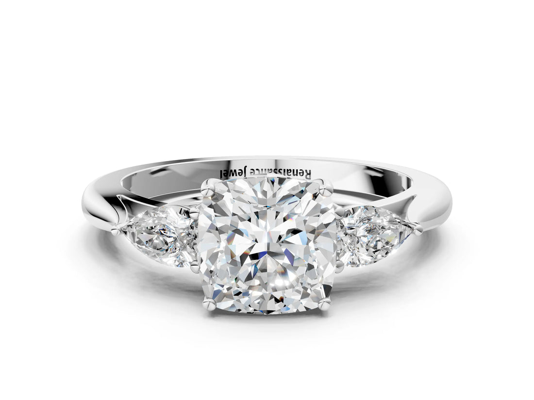 White gold Cushion Cut Diamond Three-Stone Ring with Pear Side Stones and Four-Prong Setting_114