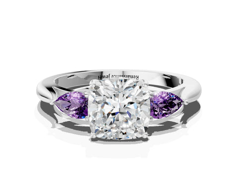 White gold Cushion Cut Diamond Three-Stone Ring with Pear with Amethyst side stone Side Stones and Prong Setting_24