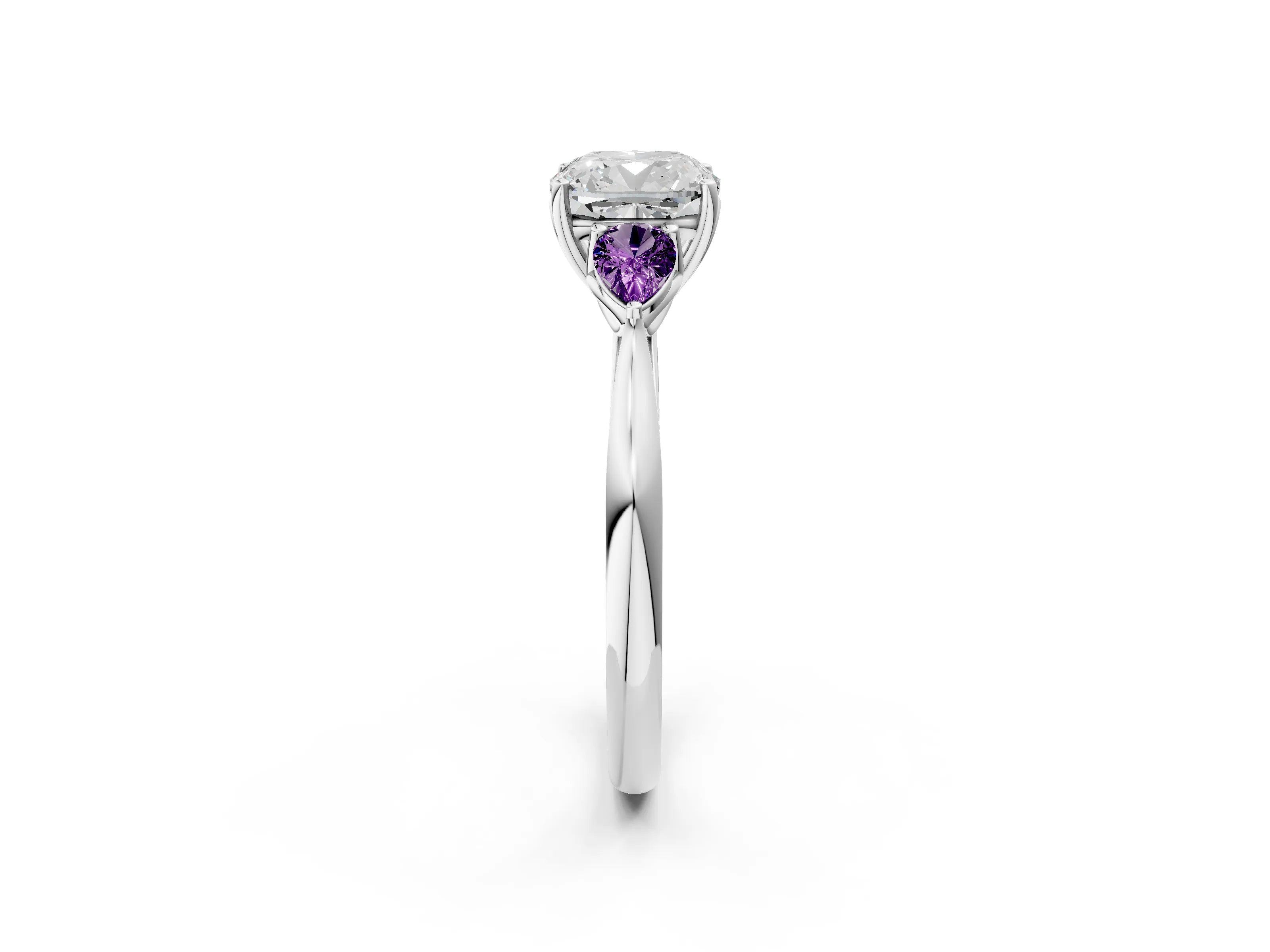 White gold Cushion Cut Diamond Three-Stone Ring with Pear with Amethyst side stone Side Stones and Prong Setting_26