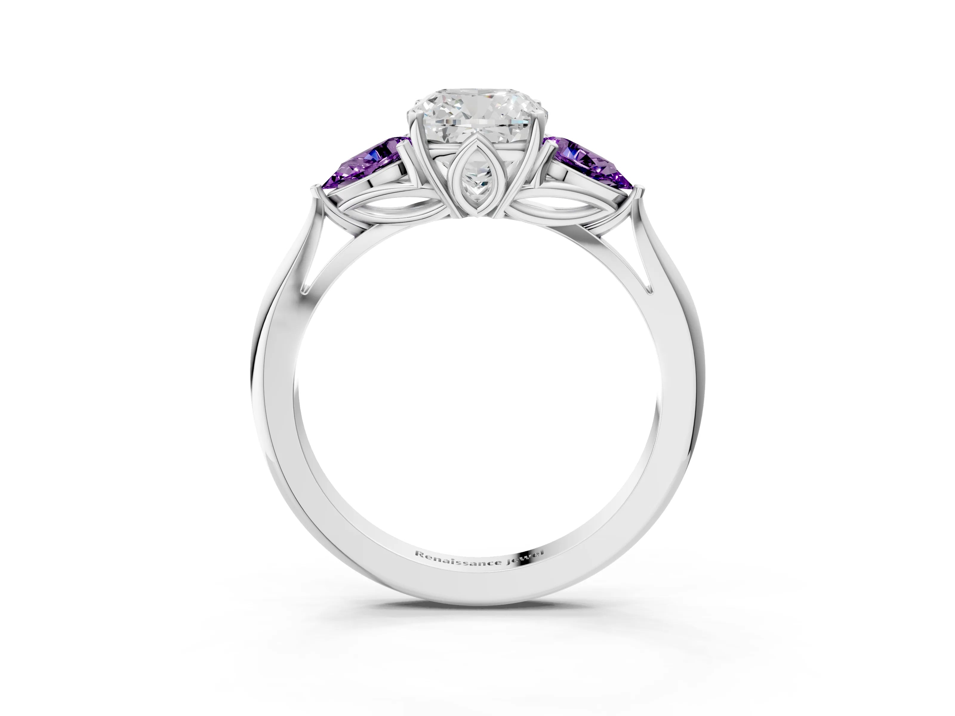 White gold Cushion Cut Diamond Three-Stone Ring with Pear with Amethyst side stone Side Stones and Prong Setting_27