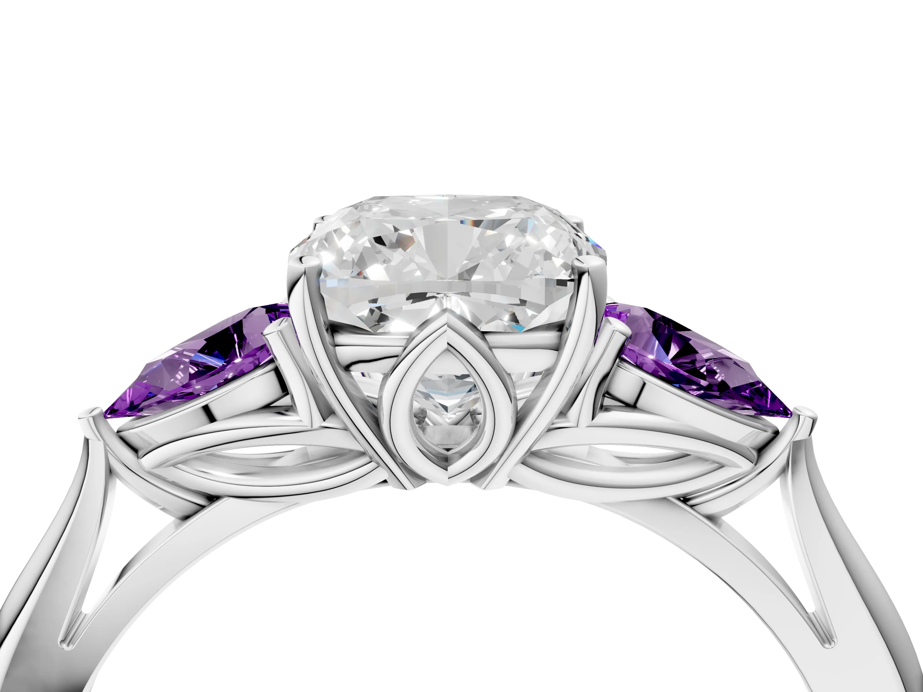White gold Cushion Cut Diamond Three-Stone Ring with Pear with Amethyst side stone Side Stones and Prong Setting_28