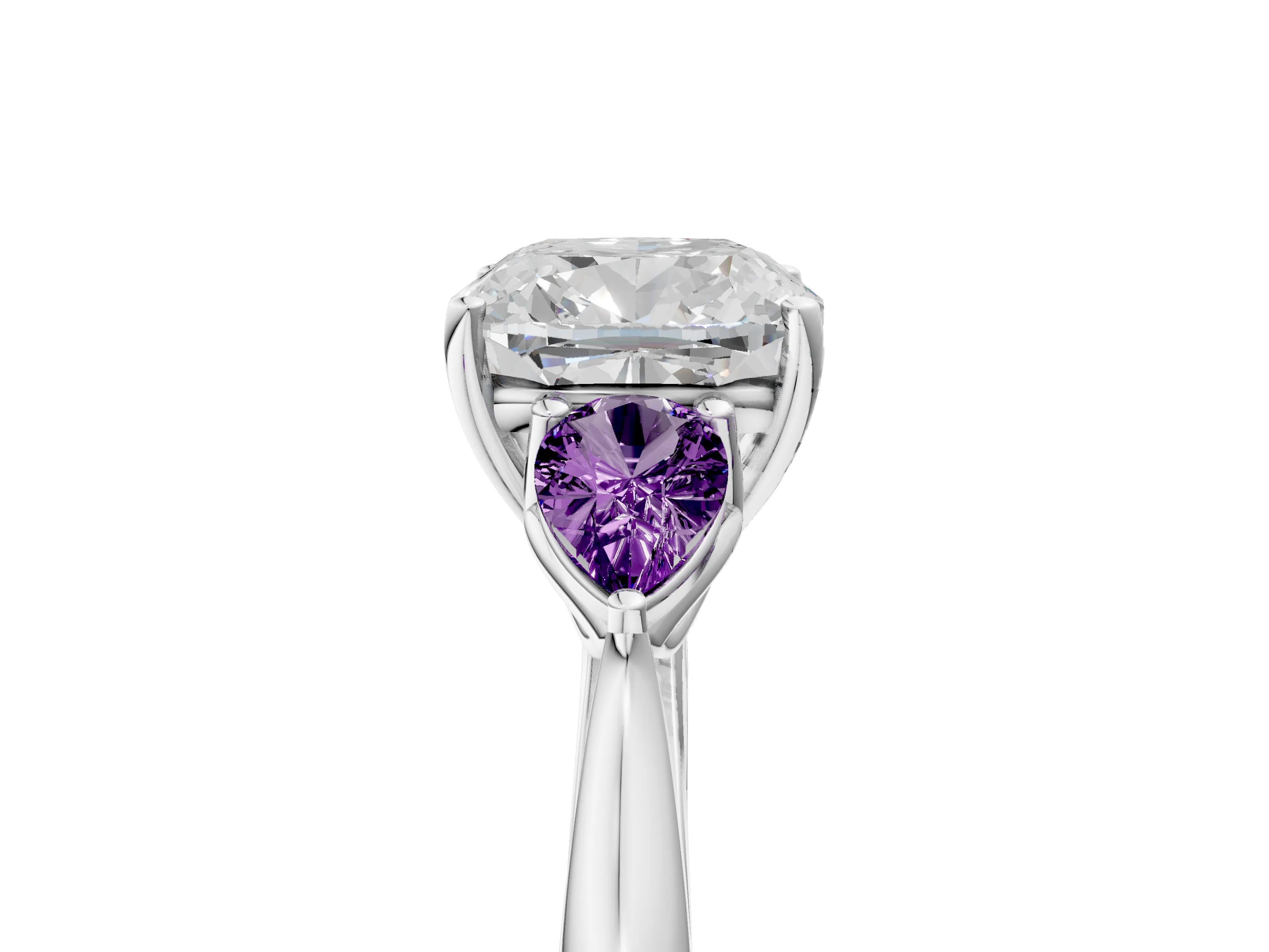 White gold Cushion Cut Diamond Three-Stone Ring with Pear with Amethyst side stone Side Stones and Prong Setting_29