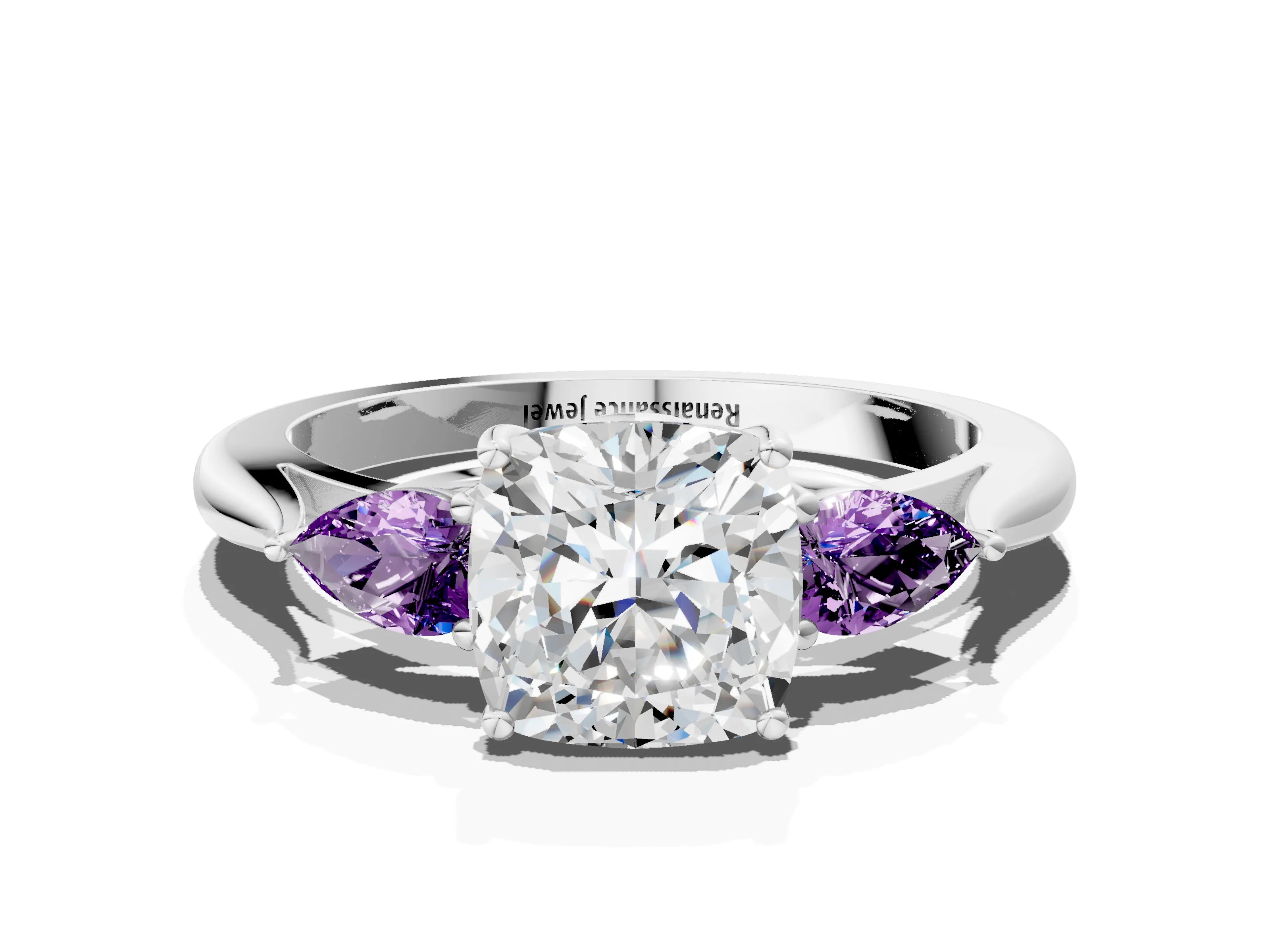 White gold Cushion Cut Diamond Three-Stone Ring with Pear with Amethyst side stone Side Stones and Prong Setting_48