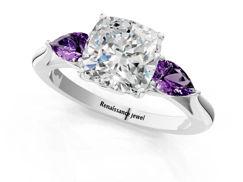 White gold Cushion Cut Diamond Three-Stone Ring with Pear with Amethyst side stone Side Stones and Prong Setting_49