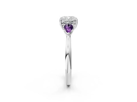 White gold Cushion Cut Diamond Three-Stone Ring with Pear with Amethyst side stone Side Stones and Prong Setting_50