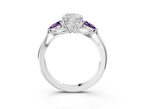 White gold Cushion Cut Diamond Three-Stone Ring with Pear with Amethyst side stone Side Stones and Prong Setting_51