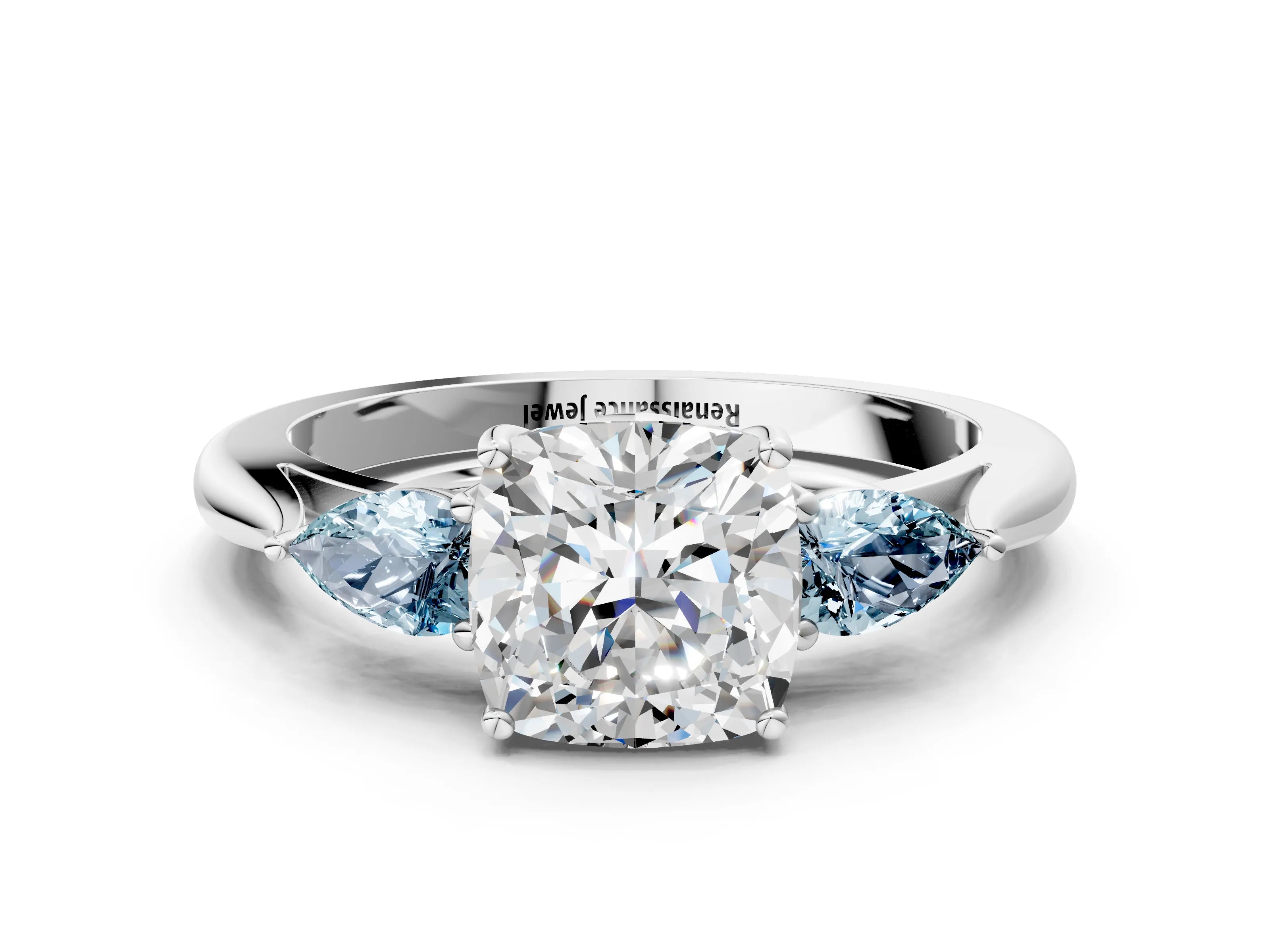 White gold Cushion Cut Diamond Three-Stone Ring with Pear with Aquamarine side stone Side Stones and Prong Setting_24
